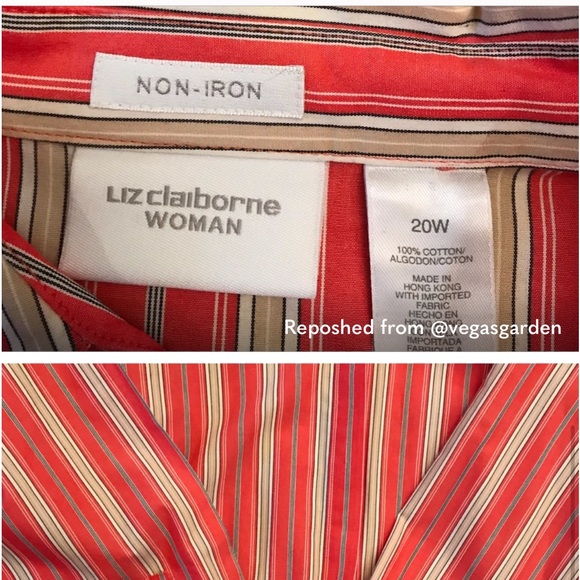 Liz Claiborne Striped Blouse Womens Size 20W Red Orange Tan Button Up Non Iron - Picture 4 of 7